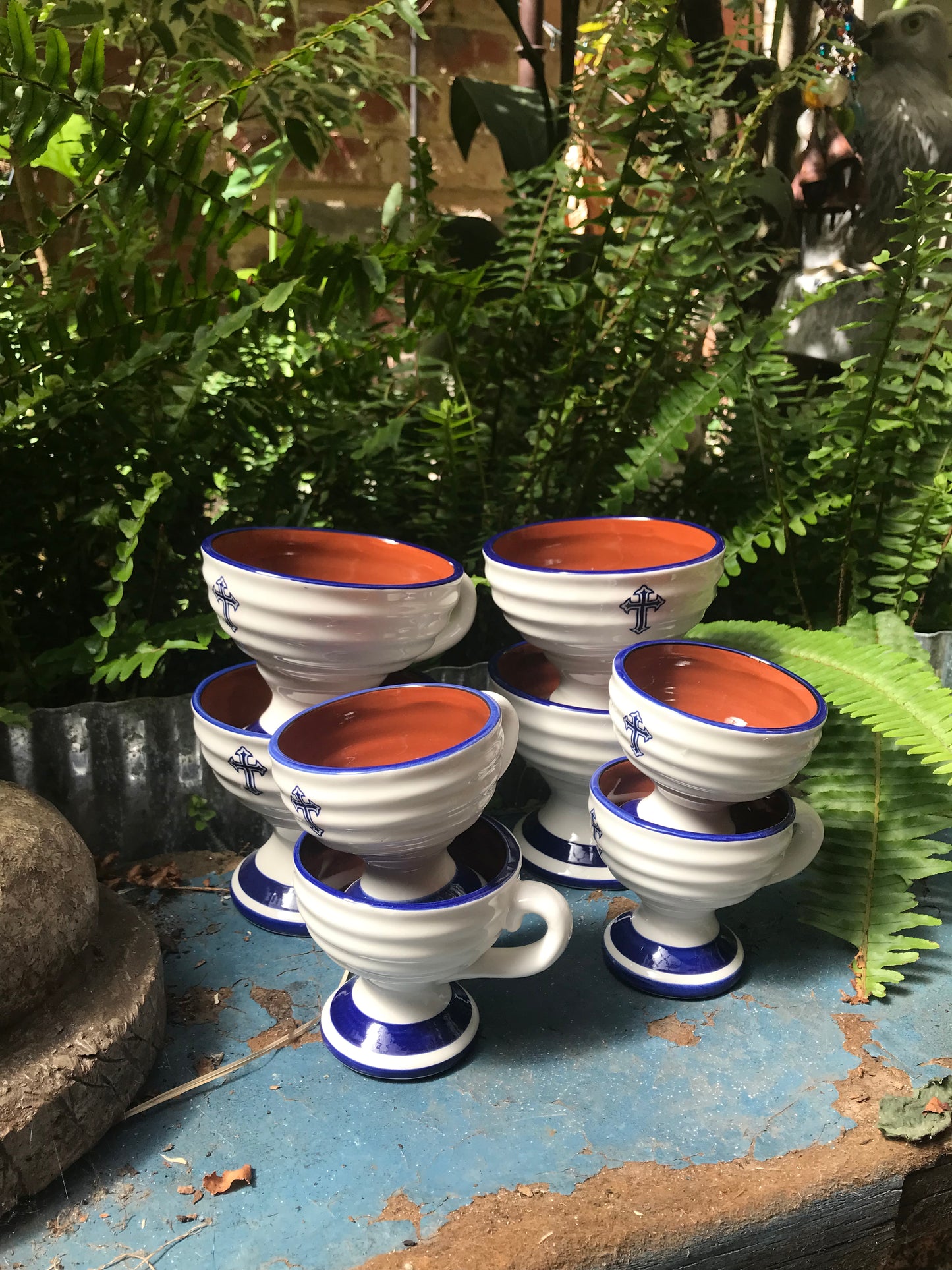 Blue & White Ceramic Incense Burner Cup with Cross Sign and Handle