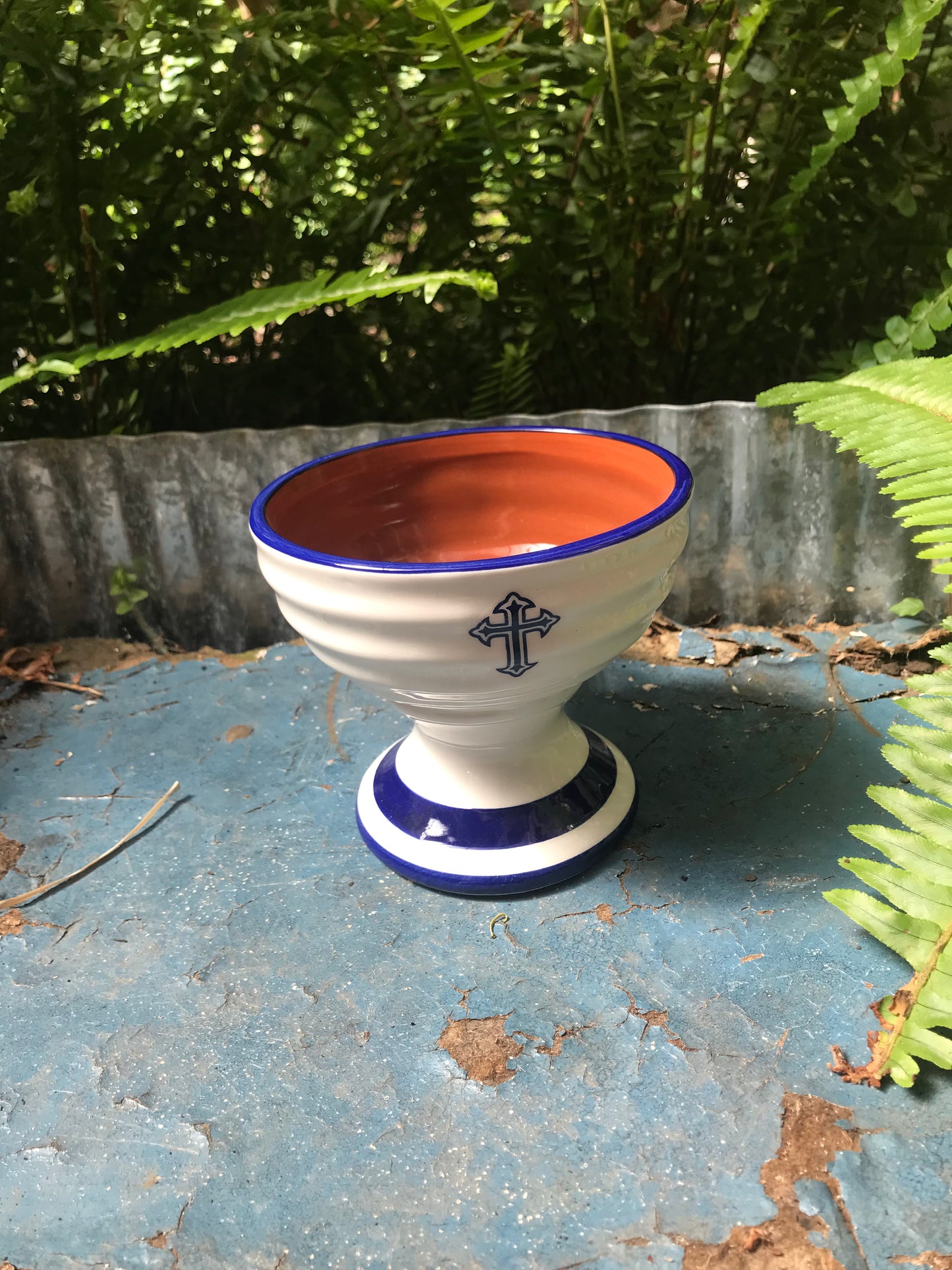 Blue & White Ceramic Incense Burner Cup with Cross Sign and Handle