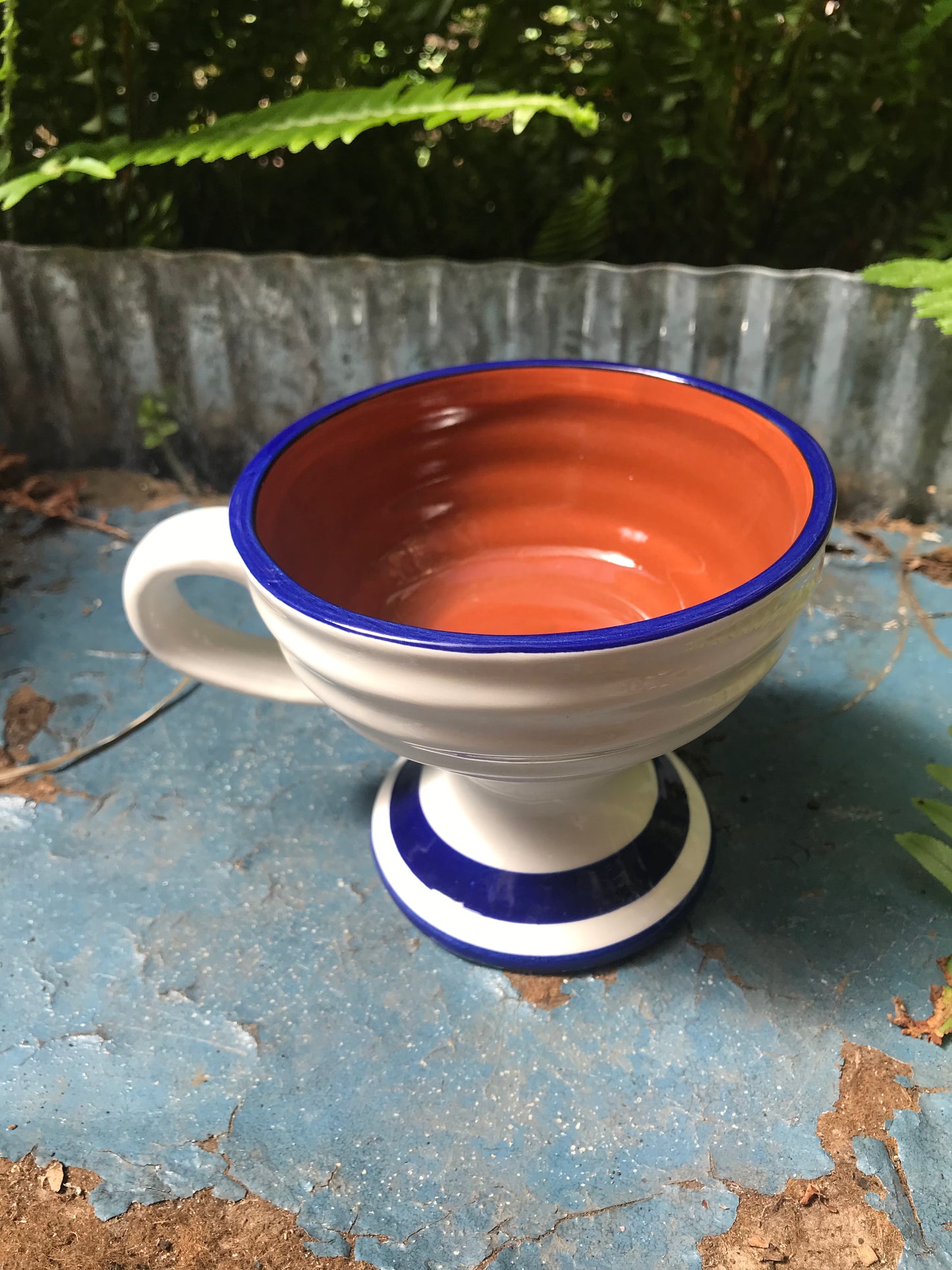 Blue & White Ceramic Incense Burner Cup with Cross Sign and Handle