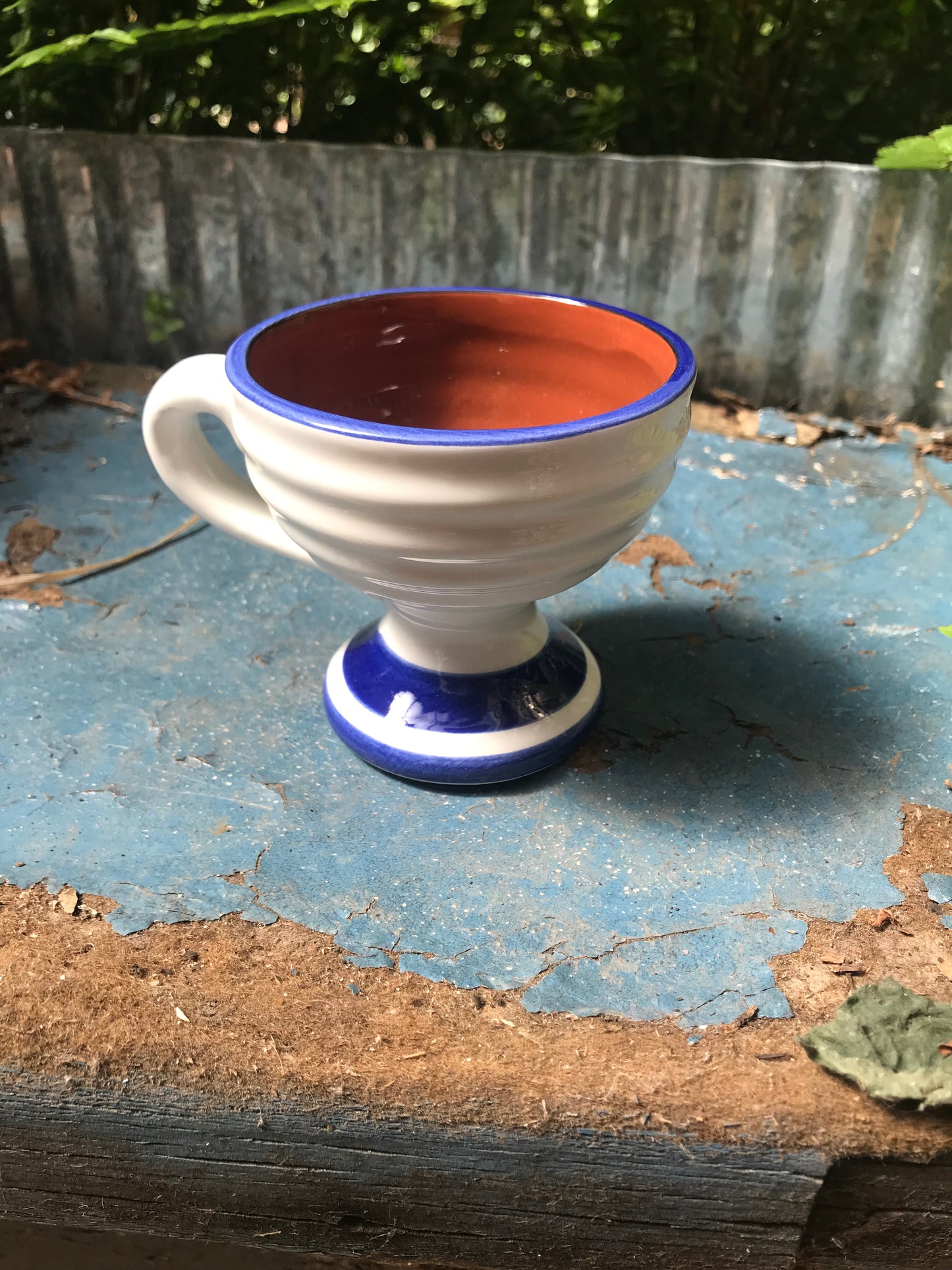 Blue & White Ceramic Incense Burner Cup with Cross Sign and Handle