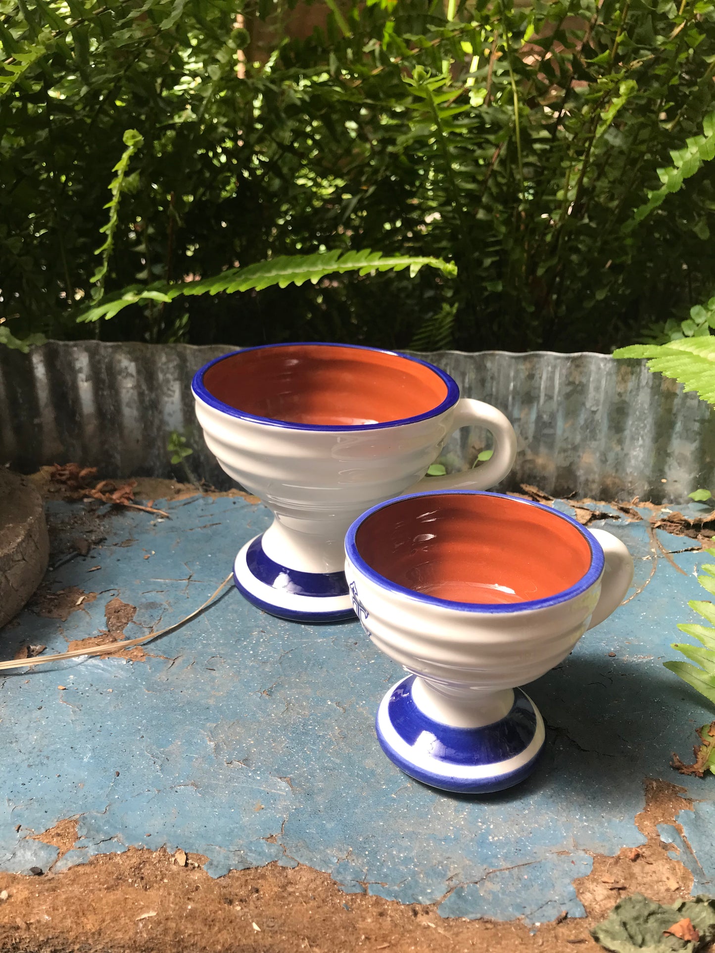 Blue & White Ceramic Incense Burner Cup with Cross Sign and Handle