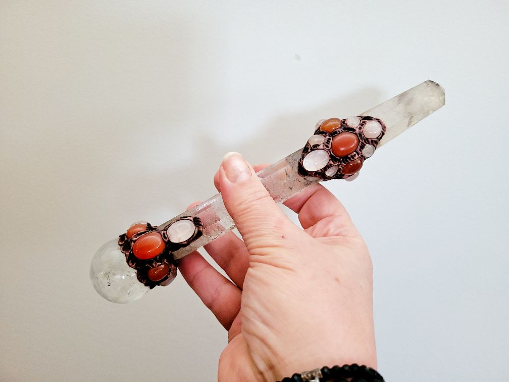 Clear Qtz Crystal Wand with carnelian and rose qtz embelishments