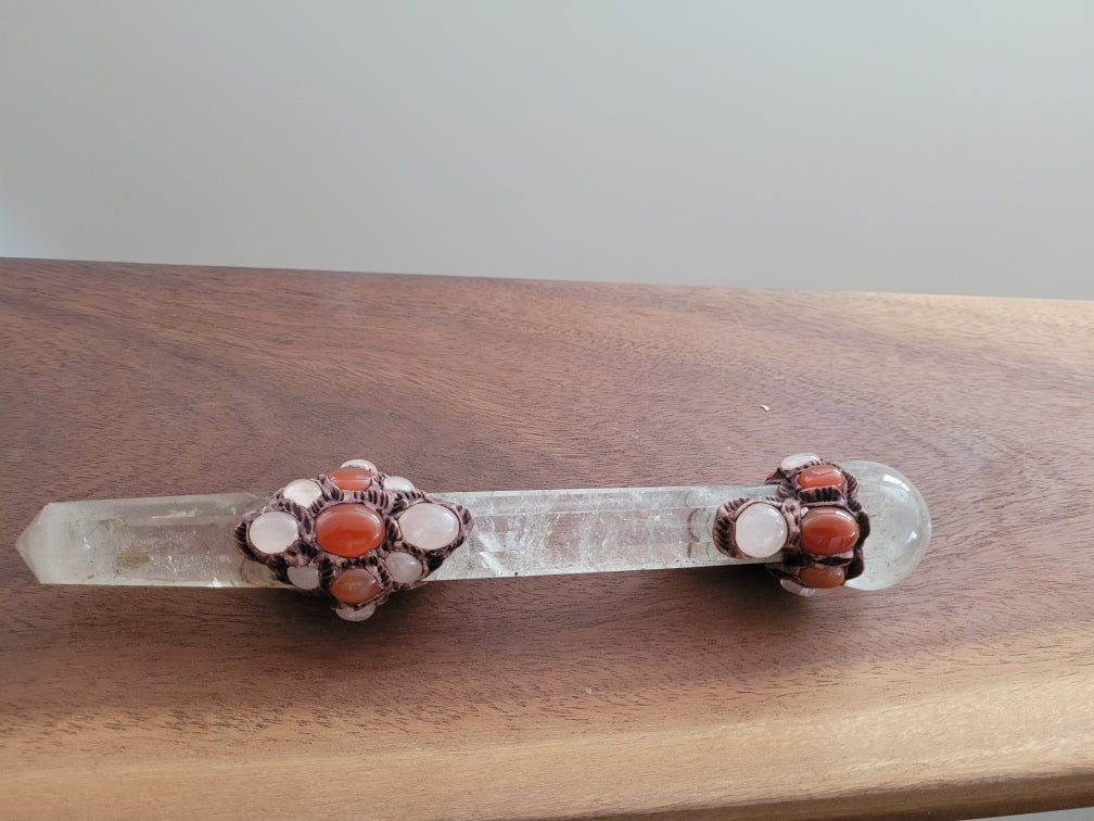 Clear Qtz Crystal Wand with carnelian and rose qtz embelishments