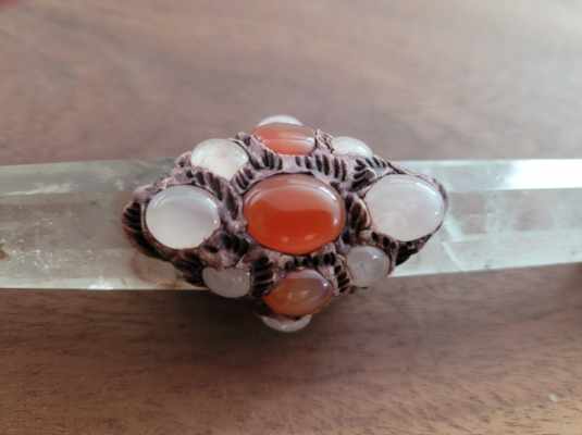 Clear Qtz Crystal Wand with carnelian and rose qtz embelishments