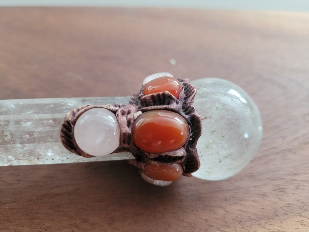 Clear Qtz Crystal Wand with carnelian and rose qtz embelishments