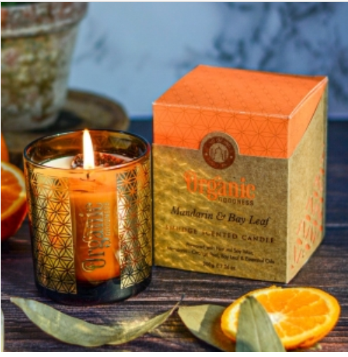 200 g. Mandarin & Bay Leaf Organic Goodness Smudge Candle in Gold Foil Glass Jar