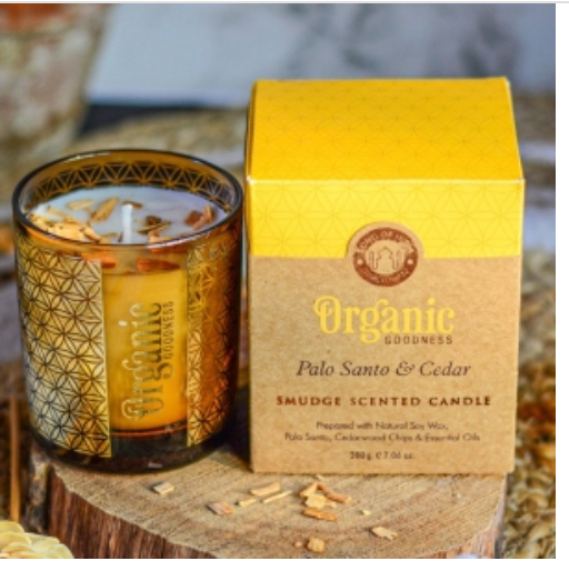 200 g. Palo Santo & Cedar Organic Goodness Smudge Candle in Gold Foil Glass Jar