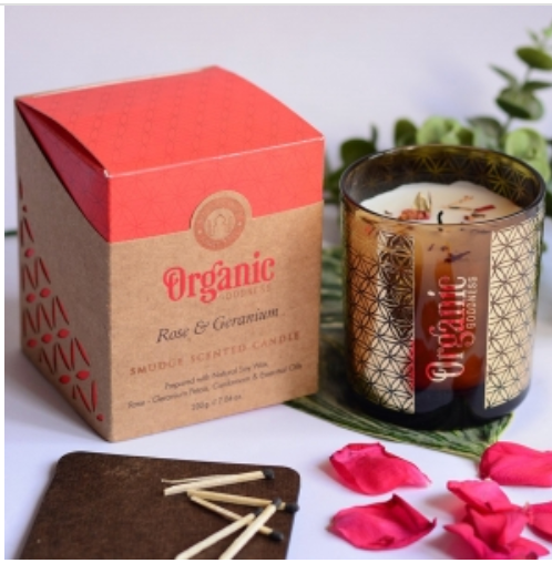 200 g. Rose & Geranium Organic Goodness Smudge Candle in Gold Foil Glass Jar